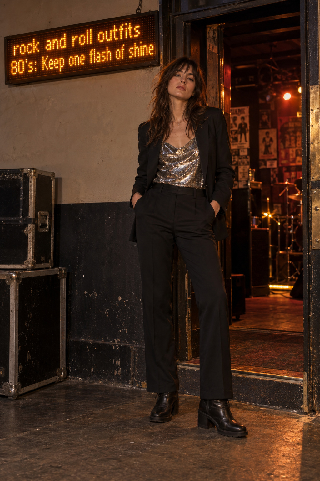rock and roll outfits 80's with black blazer, trousers, boots and one silver metallic top