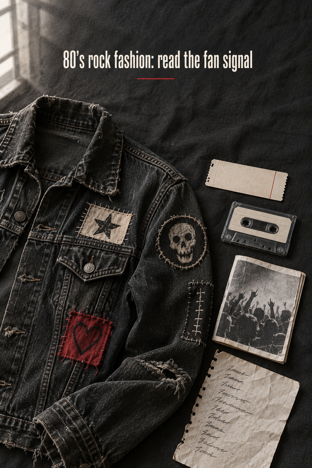 80’s rock fashion fan objects: denim jacket, cassette, and zine