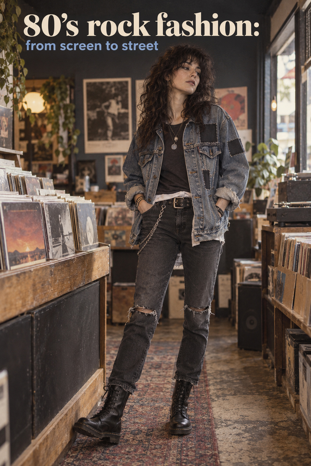 80’s rock fashion fan look in a patched denim jacket and dark jeans